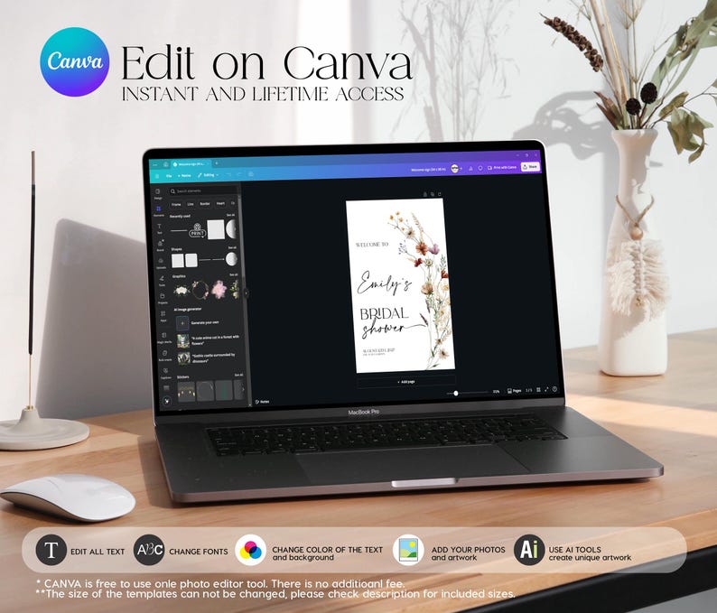 May include: A laptop screen displaying a Canva design template for a bridal shower invitation. The template features a watercolor floral design with the text "Emily's Bridal Shower".