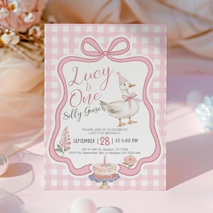 Silly Goose Birthday Invitation, Girl 1st Birthday Party Invite, Editable Pink Whimsical Birthday Invitation