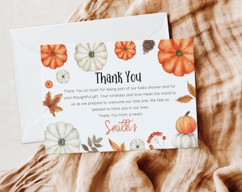 Tarjeta de agradecimiento de calabaza / Tarjetas de agradecimiento para baby shower de otoño / Tarjetas de agradecimiento de calabaza editables #pmp025
