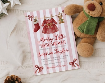 May include: A baby shower invitation with a pink and white striped background. The invitation features the text "Merry Little Baby Shower" and details for Sophia Taylor's baby shower. Decorative elements include a hanging dress, stocking, and reindeer.