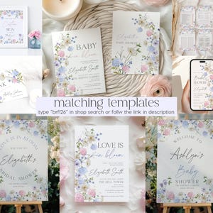 Pu&ograve; includere: Un set di modelli stampabili per un baby shower. I modelli presentano un design floreale con fiori blu e rosa. Il testo sui modelli include "Baby in Bloom", "Love is in Bloom", "Benvenuti al baby shower di Ashlyn" e "Il baby shower di Elizabeth".
