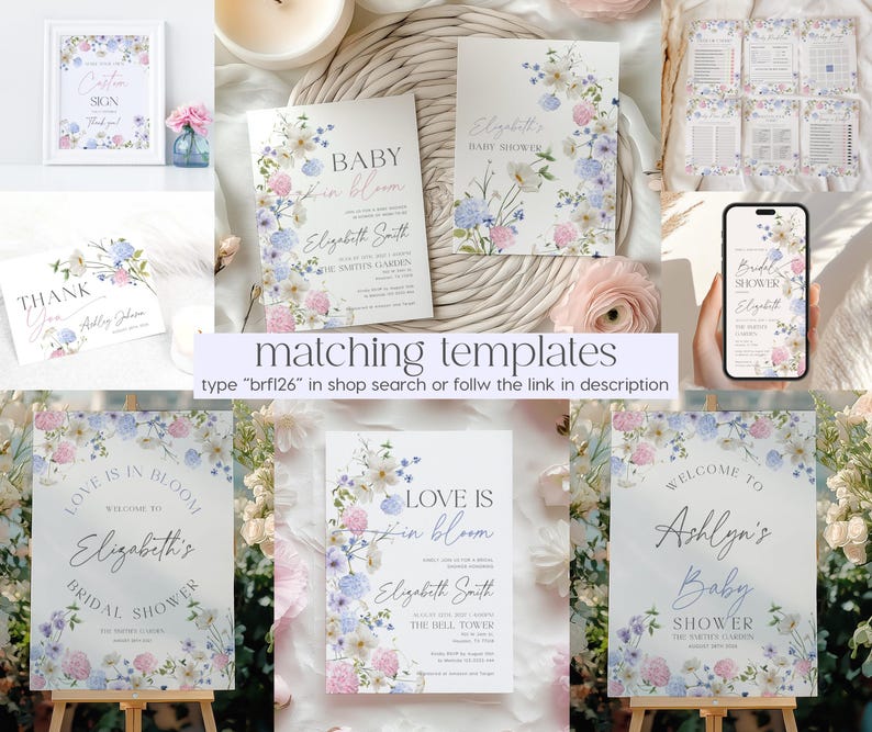 Pu&ograve; includere: Un set di modelli stampabili per un baby shower. I modelli presentano un design floreale con fiori blu e rosa. Il testo sui modelli include "Baby in Bloom", "Love is in Bloom", "Benvenuti al baby shower di Ashlyn" e "Il baby shower di Elizabeth".