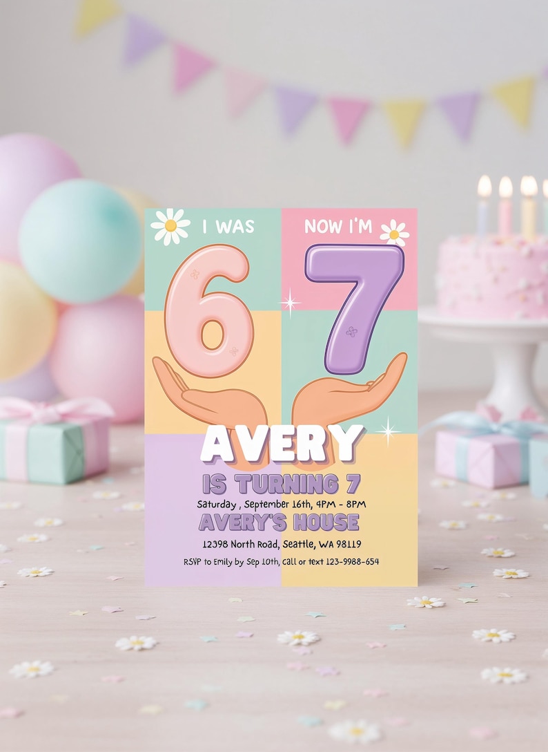 I Was 6 Now I’m 7 pastel birthday invitation template for girls.