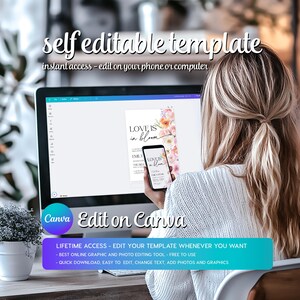 May include: A computer screen displaying a Canva design template with the text "Love is in bloom" and a floral design. The text "Edit on Canva" is displayed below the screen. The text "Lifetime Access - Edit your template whenever you want" is displayed below the screen. The text "Best online graphic and photo editing tool - Free to use" is displayed below the screen. The text "Quick download, easy to edit, change text, add photos and graphics" is displayed below the screen.
