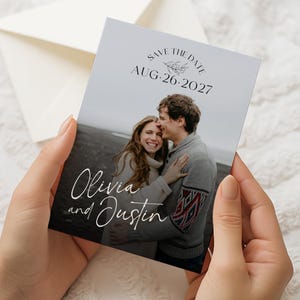 Save the date card template featuring a photo collage layout with calendar design and elegant typography