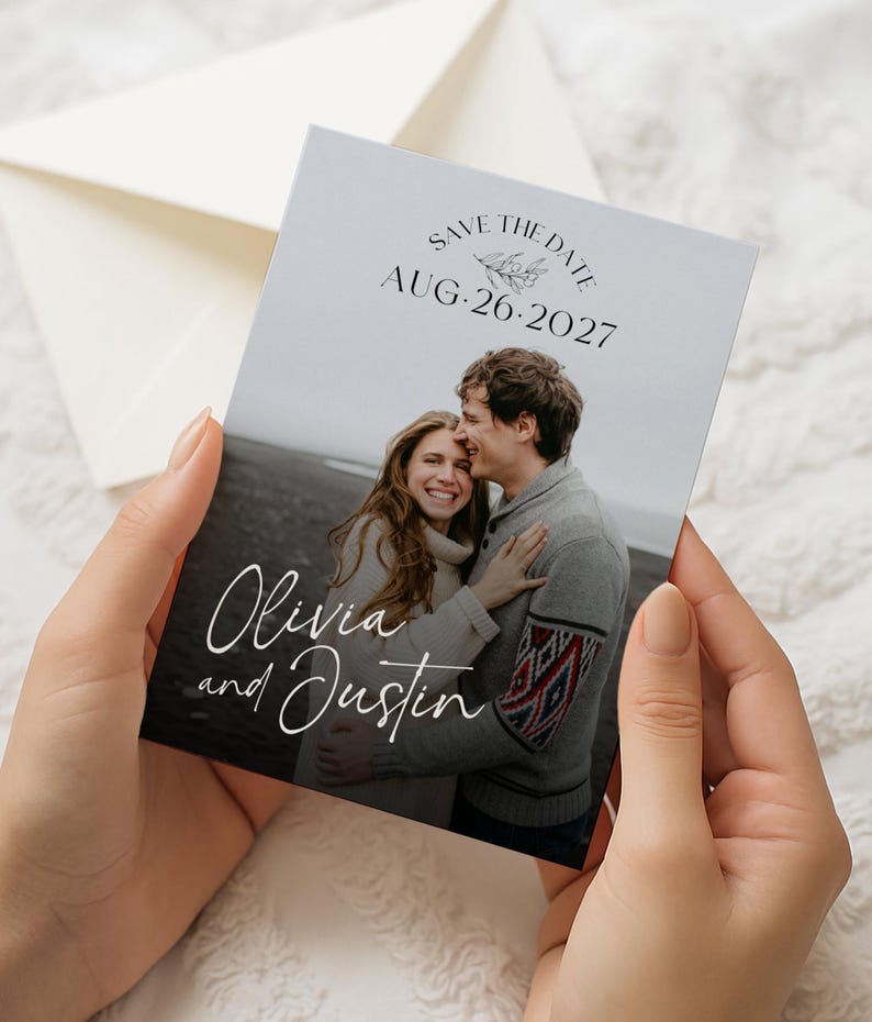 Save the date card template featuring a photo collage layout with calendar design and elegant typography