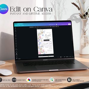 Pu&ograve; includere: Uno schermo di laptop che mostra un modello Canva per un invito a un addio al nubilato. Il modello presenta un design floreale ad acquerello con fiori blu e rosa. Il testo sull'invito recita "Bridal Shower" e "Elizabeth Smith".