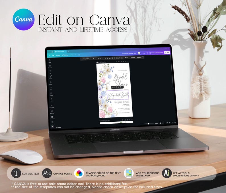 Pu&ograve; includere: Uno schermo di laptop che mostra un modello Canva per un invito a un addio al nubilato. Il modello presenta un design floreale ad acquerello con fiori blu e rosa. Il testo sull'invito recita "Bridal Shower" e "Elizabeth Smith".