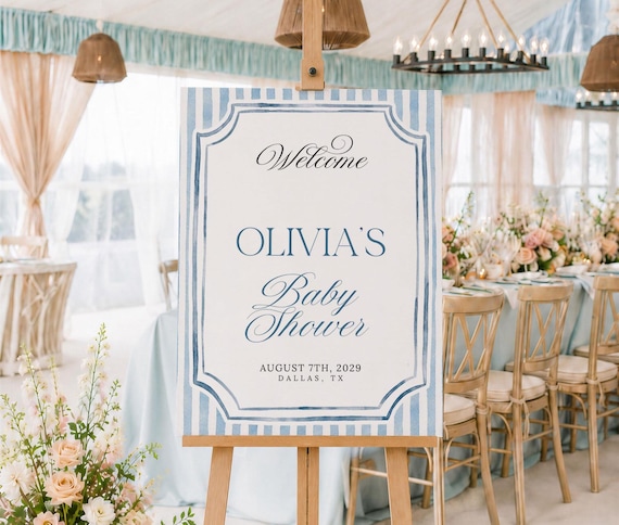 Blue Striped Baby Shower Welcome Sign Template, Editable Classic Baby Shower Party Sign #db026