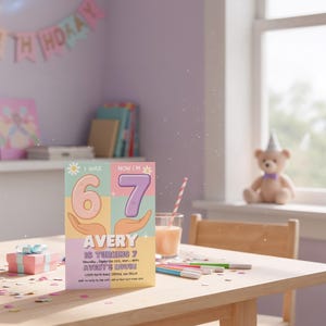 I Was 6 Now I’m 7 pastel birthday invitation template for girls.