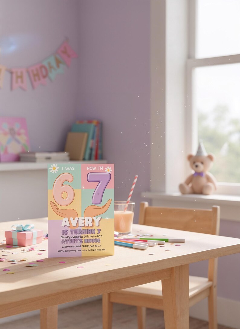I Was 6 Now I’m 7 pastel birthday invitation template for girls.