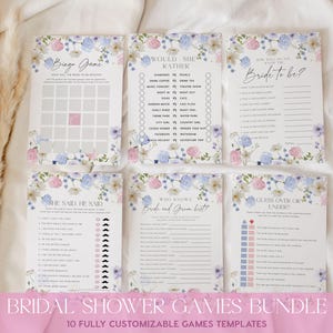 May include: A collection of bridal shower game templates. Each card features floral designs in pastel colors, with titles like "Bingo Game" and "Would She Rather?" The text "Bridal Shower Games Bundle" is at the bottom.