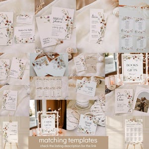 May include: A collection of stationery items with floral designs, including invitations, menus, and signage. The cards feature elegant calligraphy and decorative floral arrangements in shades of red, brown, and green. The text includes "Baby in Bloom", "Bridal Shower", and "Thank You".