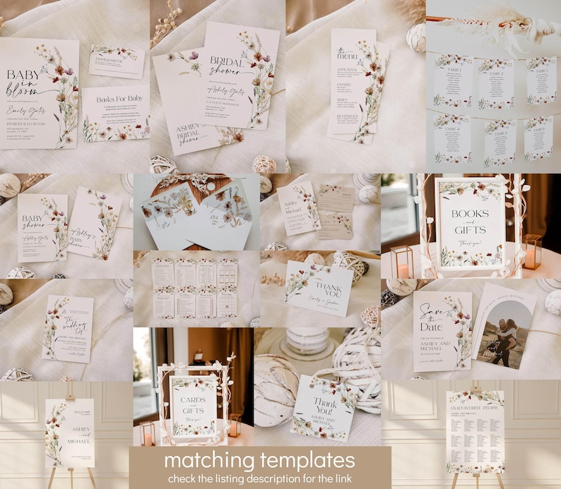 May include: A collection of stationery items with floral designs, including invitations, menus, and signage. The cards feature elegant calligraphy and decorative floral arrangements in shades of red, brown, and green. The text includes "Baby in Bloom", "Bridal Shower", and "Thank You".