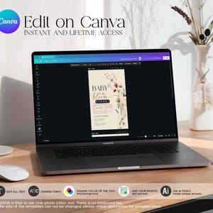 Pu&ograve; includere: Un mockup digitale di un invito per una festa di baby shower sullo schermo di un laptop. L'invito presenta un design floreale con il testo "Baby in Bloom" e una combinazione di colori rosa e viola.