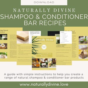 Puede incluir: Imagen promocional de "Naturally Divine Shampoo & Conditioner Bar Recipes". La imagen presenta varias páginas con instrucciones e imágenes de barras de champú. El texto incluye "Using Natural Products" y "Vera & Honey Shampoo Bar."