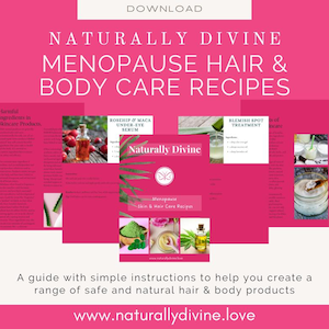 Puede incluir: Un gráfico rosa con el texto "NATURALLY DIVINE MENOPAUSE HAIR & BODY CARE RECIPES". La imagen incluye páginas de recetas con ingredientes e instrucciones para productos naturales para el cabello y el cuerpo. También se ve la dirección del sitio web www.naturallydivine.love.