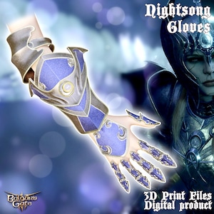Può includere: File stampabili in 3D per un paio di guanti Nightsong blu e dorati dal videogioco Baldur's Gate 3. I guanti presentano un design dettagliato con un simbolo di luna sul polso.