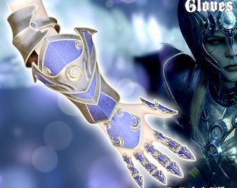 Puede incluir: Archivos imprimibles en 3D para un par de guantes Nightsong azules y dorados del videojuego Baldur's Gate 3. Los guantes tienen un diseño detallado con un símbolo de luna en la muñeca.
