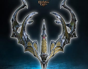 May include: A 3D printed model of the Crown of Crasus from Baldur's Gate 3. The crown is a silver and gold colored, intricate design with a red gem in the center.