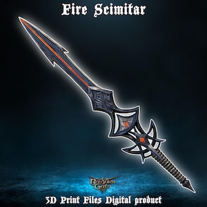 Puede incluir: Un cimitarra negro y plateado con una hoja roja y naranja. La hoja es curva y tiene una punta afilada. La empuñadura está decorada con diseños intrincados. El cimitarra es un arma del juego Baldur's Gate.