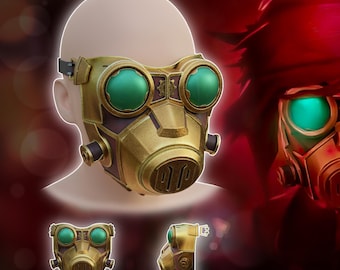 Puede incluir: Una máscara de gas de estilo steampunk con acabado dorado metálico, lentes verdes y detalles marrones. El texto en la imagen dice "GASMASK", "ARCANE SEASON 2" y "3D PRINTER FILES DIGITAL PRODUCT".