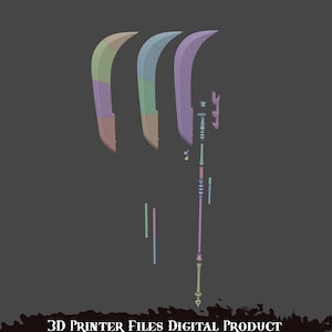 May include: A disassembled 3D model of a polearm weapon, featuring a curved blade design. The model is shown in various pastel colors, including purple, green, and pink, against a dark gray background. Text at the bottom reads "3D PRINTER FILES DIGITAL PRODUCT."