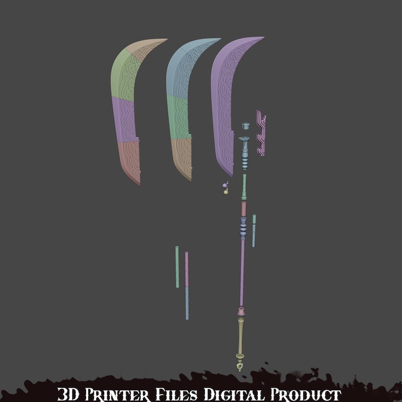 May include: A disassembled 3D model of a polearm weapon, featuring a curved blade design. The model is shown in various pastel colors, including purple, green, and pink, against a dark gray background. Text at the bottom reads "3D PRINTER FILES DIGITAL PRODUCT."