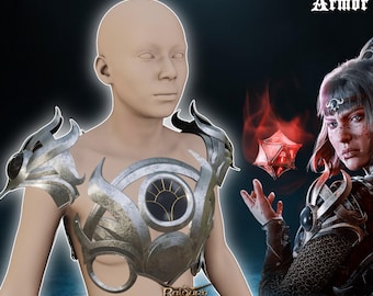 May include: A 3D printed model of a silver and black armor piece with a circular design in the center. The armor is called "Shadowheart Armor" and is from the game Baldur's Gate 3. The image also shows a character from the game wearing the armor.