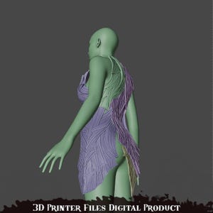May include: 3D printable model of a female figure wearing a detailed, layered, purple and green dress with a textured design. The model is posed in a standing position, facing away from the viewer.  "3D PRINTER FILES DIGITAL PRODUCT" is printed at the bottom of the image.