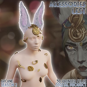 Puede incluir: Un modelo 3D impreso de un personaje de la serie Arcane, con orejas de conejo blancas, una diadema dorada y joyas doradas. El modelo está posado con los brazos a los lados y la cabeza ligeramente inclinada hacia un lado. El fondo es una imagen borrosa de la cara del personaje de la serie. El texto "ACCESSORIES LEST" está en la esquina superior derecha de la imagen. El texto "ARCANE SEASON 2" está en la esquina inferior izquierda de la imagen. El texto "3D PRINTER FILES DIGITAL PRODUCT" está en la esquina inferior derecha de la imagen.