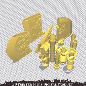 May include: A collection of 3D-printed objects in a light yellow color, including geometric shapes, tubes, and decorative elements. The objects are arranged on a gray grid background. The text "3D PRINTER FILES DIGITAL PRODUCT" is at the bottom.