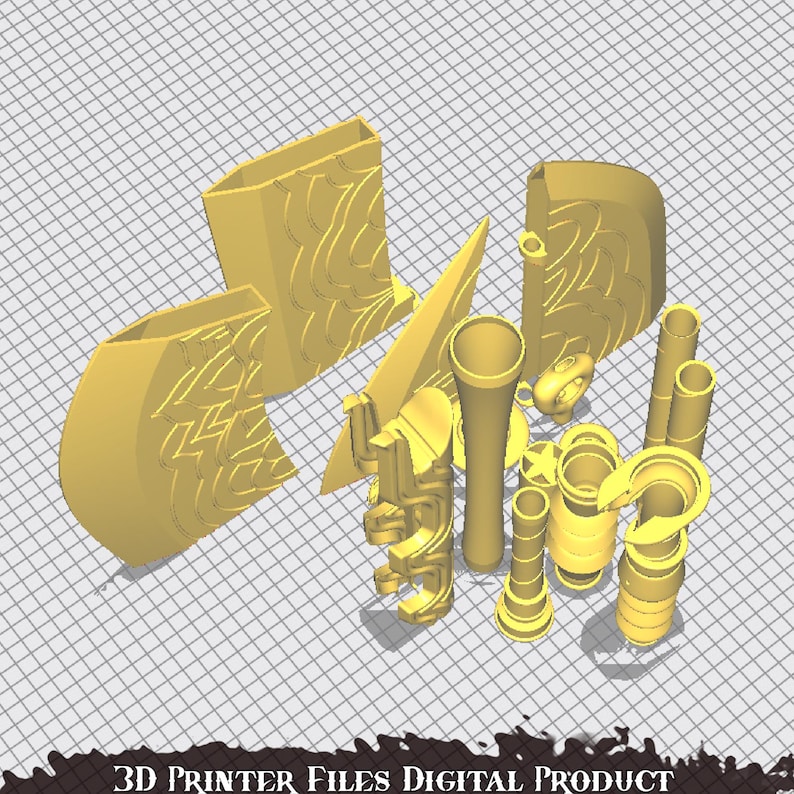 May include: A collection of 3D-printed objects in a light yellow color, including geometric shapes, tubes, and decorative elements. The objects are arranged on a gray grid background. The text "3D PRINTER FILES DIGITAL PRODUCT" is at the bottom.