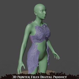 May include: A 3D printed model of a detailed, purple, segmented, and intricate armor piece for the torso and hips. The model is shown on a 3D rendered figure.