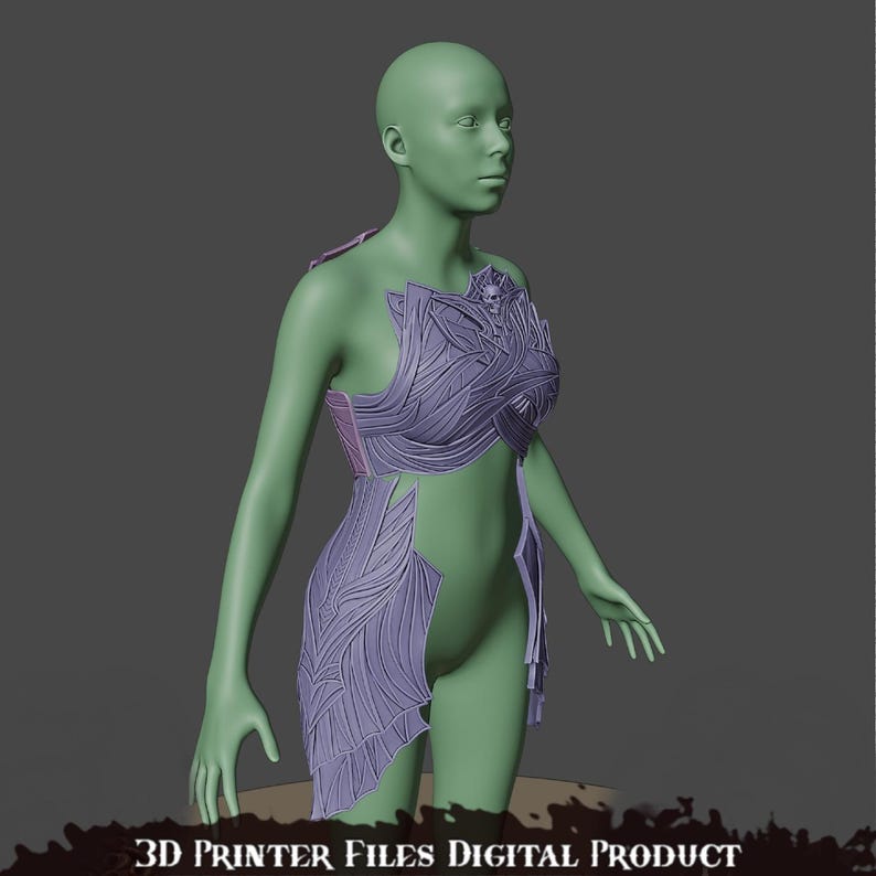 May include: A 3D printed model of a detailed, purple, segmented, and intricate armor piece for the torso and hips. The model is shown on a 3D rendered figure.