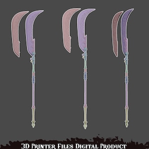 May include: Digital 3D model of a fantasy weapon, a polearm with a curved blade. The blade is purple with decorative etchings, and the shaft is a gradient of colors. The image includes the text "3D Printer Files Digital Product".
