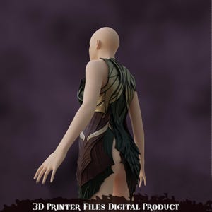 May include: A 3D printed dress with a green, brown, and gold design. The dress has a sleeveless design and a high neckline. The dress is made of a textured material and has a flowing silhouette.