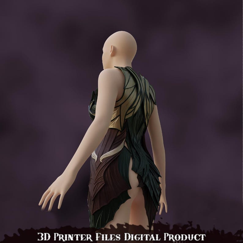 May include: A 3D printed dress with a green, brown, and gold design. The dress has a sleeveless design and a high neckline. The dress is made of a textured material and has a flowing silhouette.