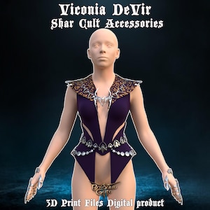 May include: A purple and gold costume with silver accents. The costume includes a bodice, a belt, and arm gauntlets. The costume is labeled "Viconia DeVir Shar Cult Accessories".
