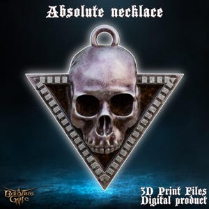 May include: A silver skull pendant necklace with a triangular frame. The skull has a detailed design and is set against a dark background.