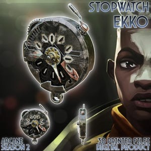 May include: A 3D printable model of Ekko's Stopwatch from the animated series Arcane. The model is a detailed, steampunk-inspired design with gears, cogs, and a clock face. The model is shown in front of a character from the show, Ekko, with the text "STOPWATCH EKKO" and "3D PRINTER FILES DIGITAL PRODUCT" on the image.