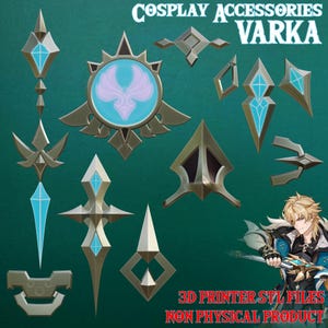 May include: Cosplay accessories in various shapes and sizes, including diamond and star designs, in silver and blue. The text "COSPLAY ACCESSORIES VARKA" is at the top. The text "3D PRINTER STL FILES NON PHYSICAL PRODUCT" is at the bottom.