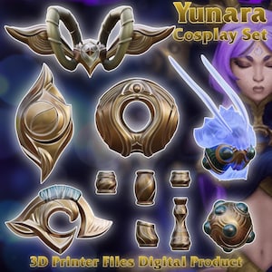 Può includere: Una collezione di accessori cosplay color oro, tra cui un copricapo cornuto, forme a scudo ed elementi decorativi. L'immagine include il testo "Yunara Cosplay Set" e "3D Printer Files Digital Product".
