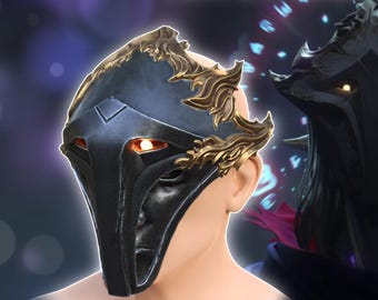 Puede incluir: Una máscara imprimible en 3D inspirada en Viktor de la serie animada Arcane. La máscara es negra y dorada con un diseño detallado. El texto "Viktor Mask" y "Arcane Season 2" es visible en la imagen. Archivos de impresión 3D, producto digital.