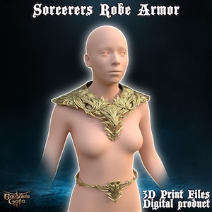 May include: Gold-colored 3D printed sorcerers robe armor for a tabletop role-playing game. The armor includes a collar and a belt. The image includes the text "Sorcerers Robe Armor" and "3D Print Files Digital product".