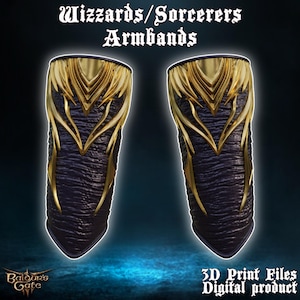 May include: A pair of 3D printable wizard or sorcerer arm bands. The arm bands are gold and purple with a textured surface. The text "Wizzards/Sorcerers Arm bands" is at the top of the image. The text "3D Print Files Digital product" is at the bottom of the image.