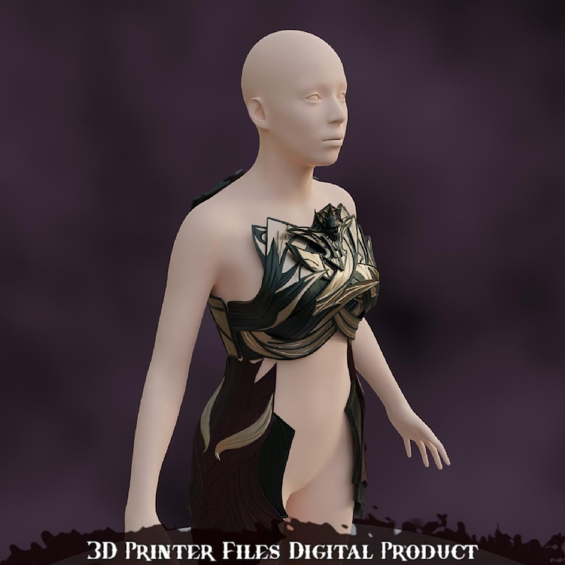 May include: A 3D printable design for a decorative, intricate, and detailed chest piece. The piece is made of gold and green plastic and has a flowing, organic design.