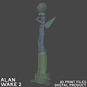May include: A 3D printed model of a statue of a woman holding a sphere on her head. The statue is standing on a column with a base. The statue is made of a light gray material and the column is made of a dark green material.