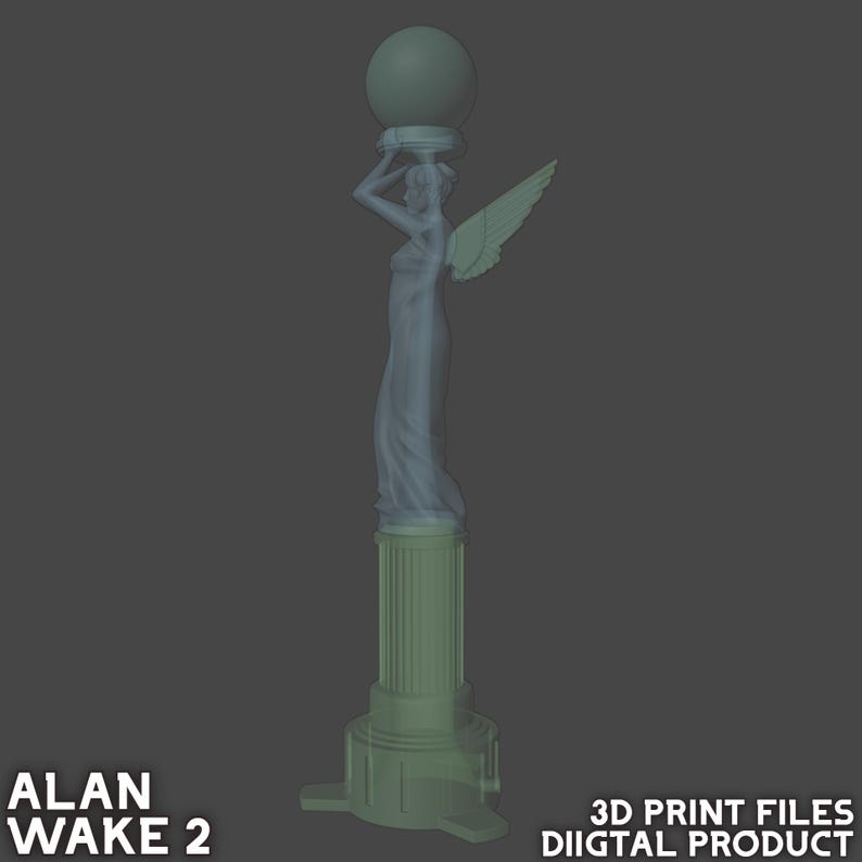 May include: A 3D printed model of a statue of a woman holding a sphere on her head. The statue is standing on a column with a base. The statue is made of a light gray material and the column is made of a dark green material.