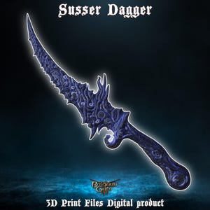 May include: A dark blue, intricately detailed dagger with a curved blade and a textured handle. The dagger is a 3D printed model and is a digital product.